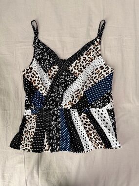 CAbi Crossover Cami, Mixed Print V-Neck Cami in Black White Navy, SZ 8